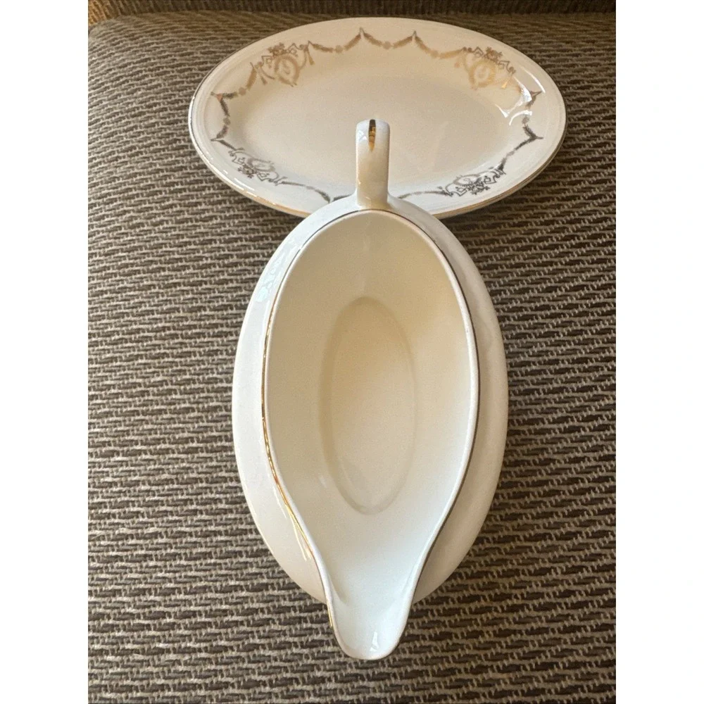 Edwin Knowles Gravy Boat & Plate Adams‎ Gold Swag Design Vintage 1940s